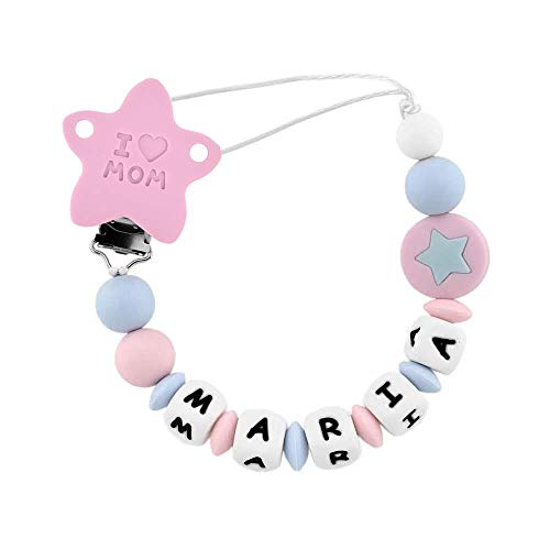 I LOVE MOM - Catenella Portaciuccio con nome,Personalizzazione Catenelle porta Succhietto,Neonato Stella Silicone Dentizione Porta Massaggiagengive