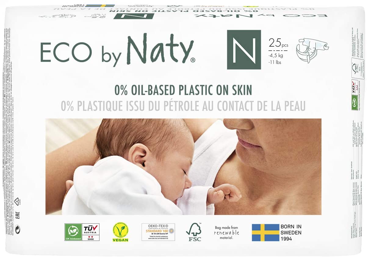 Eco by Naty, Pannolino ecologico premium a base vegetale con lo 0% di plastica a base di petrolio sulla pelle, Taglia Neonato, -4.5 kg, 100 pannolini