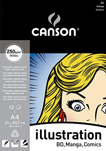 Canson Illustration - Carta da disegno, 12 fogli, colore: Bianco A4-21 x 29,7 cm Bianco intenso