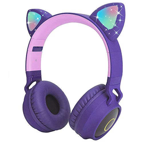 Cuffie Bluetooth Cartoon con orecchie di gatto con luce LED, slot per schede SD, radio FM, jack audio da 3,5 mm, senza fili e cablate, cuffie pieghevoli per bambini, ragazze e adulti (viola)