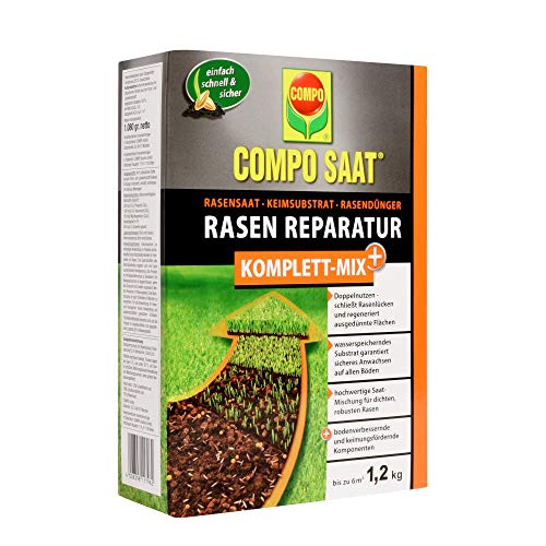 COMPO SAAT riparazione completa di tappeto erboso +, semi di erba, substrato di germi, fertilizzante per prato a lungo termine e attivatore del suolo, 1,2 kg (6 m²)