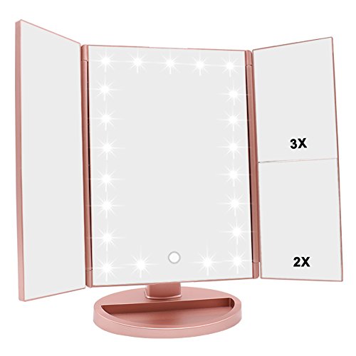 WEILY Specchio per Il Trucco con Luce 1x / 2X / 3X Trifold ingrandente con 36 LED Touch Screen Luci e Ricarica USB, Supporto Regolabile a 180 Gradi per Specchio cosmetico per Il Trucco - Oro Rosa