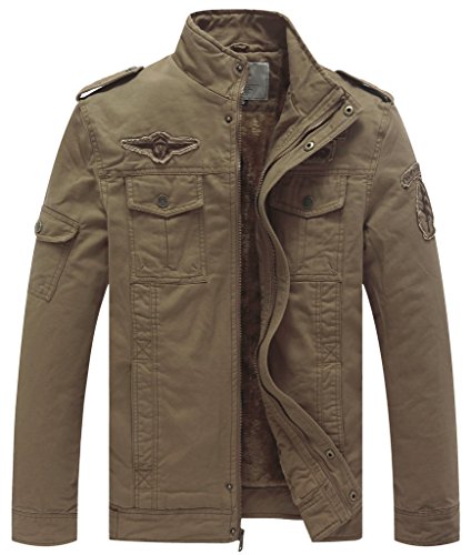 WenVen Giacca in Cotone Stile Militare Giubbotto Spesso Antivento Jacket Outdoor Casual Giacca Pesante a Vento Uomo Cachi L