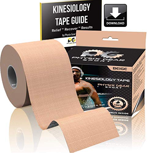 Physix Gear Tape kinesiologico - Nastro K Tape Sportivo 5m x 5cm Non Tagliato - Nastro Adesivo Impermeabile per dolori muscolari al Ginocchio, Gomito, Schiena, Spalla - Sport Tape con Guida 2PZ Carne