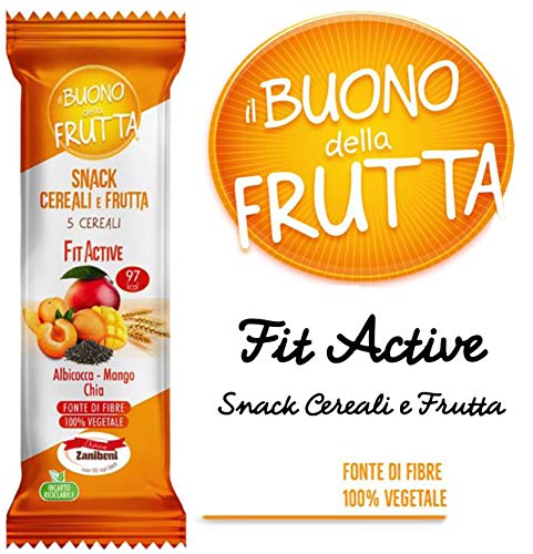 Barrette Frutta e 5 Cereali Fit Active: Albicocca - Mango - Chia. Il Buono della Frutta: Snack ai 5 cereali fonte di Fibre e 100% Vegetale. Confezione da 24 barrette