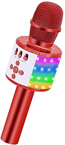 Microfono Karaoke Bluetooth Senza Fili, BONAOK Microfoni Wireless con Altoparlante, Microfono Karaoke Player con Luci per partito compleanno regalo Compatibile Android iOS PC(rosso)