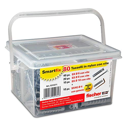Fischer Kit Smartfix Box, 80 Tasselli con Vite con Gancio per Muro Pieno e Mattone Forato, 531271