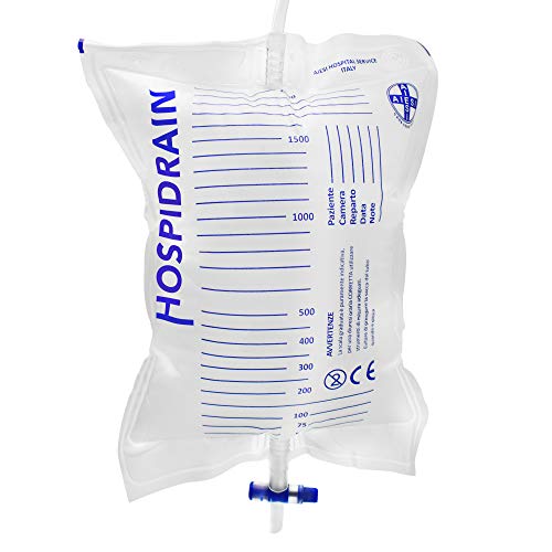 AIESI® Sacche per urina da letto 2 litri tubo 120 cm con rubinetto di scarico a croce (T) e valvola antireflusso HOSPIDRAIN (Confezione da 25 pezzi)
