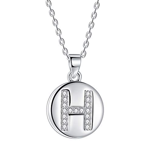 Collana da donna con lettera iniziale H, pendente a disco in argento 925 con zirconi cubici AAA, lunghezza catena 40 + 5 cm