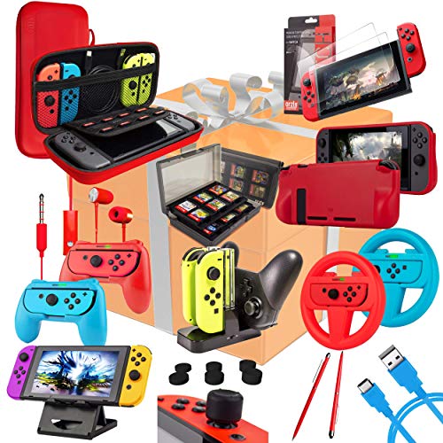 Kit Accessori per Nintendo Switch - Orzly Geek Pack con: Switch Custodia e Pellicola Protettiva, Joy-con impugnature & Volanti, Supporto Ricarica di controller, Comfort Grip Case più altro. [Colore]