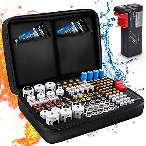 Custodia per Organizer per Batterie, Keenstone Organizer per Batterie Contiene 139 Batterie di Varie Dimensioni (AA AAA C D 9V), con Tester per Batteria Rimovibile (Batterie non Incluse), Nero