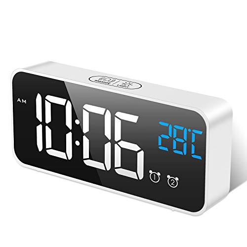 MOSUO Sveglia Digitale, Sveglia da Comodino con Temperatura e LED Grande Schermo, Orologio a Specchio con 2 Allarme, Snooze, Suoni e Luminosità Regolabile, Controllo Vocale, USB Ricaricare, Bianca