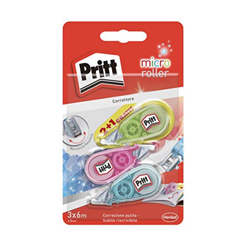 Pritt Micro Roller, Correttore a nastro per correggere gli errori, Bianchetto a nastro antimacchia mini, Correttore dal design colorato in blu, verde e rosa, Confezione da 3 (5mmx6m)