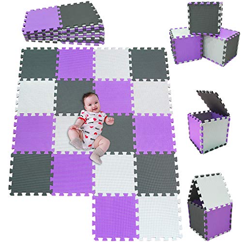 MSHEN Tappeto Puzzle con Certificato CE e Certificazione in Soffice Schiuma Eva | Tappeto da Gioco per Bambini | Tappetino Puzzle...dimensione1.62 mq,bianco-viola-grigio-AKLg18