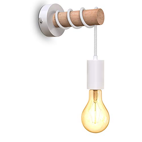 B.K.Licht Lampada da parete retrò in metallo e legno, lampadina E27 non inclusa, applique vintage, design industriale, ideale per ambienti rustici e moderni, bianco IP20