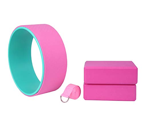 Exerz Set Principianti da Yoga 4 Pezzi -1 x Ruota per Yoga, 2 x Blocchi Yoga, 1 x Cintura - per Yoga/Pilates - Stretch, bilanciamento, Supporto - per Tutti i Livelli - Rosa