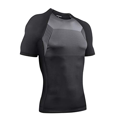 AMZSPORT Camicia a Compressione Sportiva da Uomo T-Shirt a Manica Corta con Design per Correre All'aperto - Nero XL