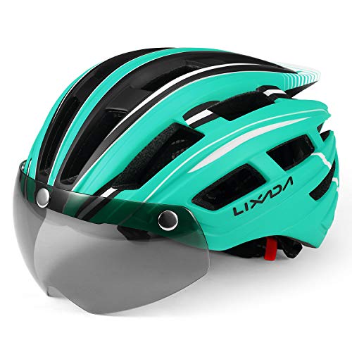 Lixada Mountain Bike Helmet Casco da Motociclismo con Luce Posteriore Staccabile Visiera Magnetica UV Protettiva (Blu Reale Nero)