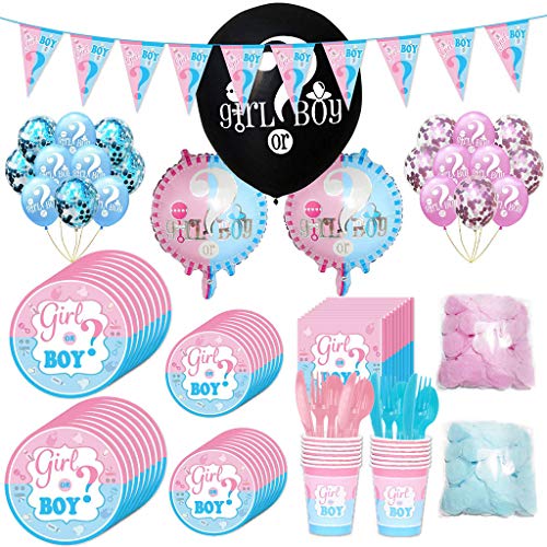 Amycute 138 PCS Kit Festa per Baby Shower Gender Reveal Party, con Tazze, Piatti, tovaglioli, Palloncini in Lattice, coriandoli, bandierina