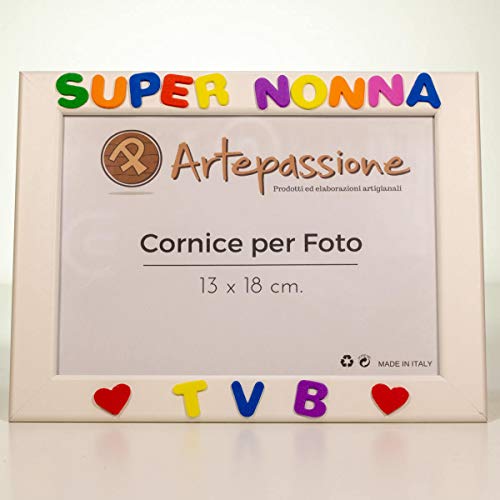 Cornici per foto in legno con la scritta Super Nonna TVB e decorata con cuoricini, da appoggiare o appendere, misura 13x18 cm Bianca. Ideale per regalo e ricordo.