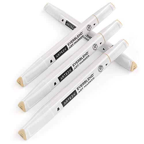 Arteza Pennarelli Professionali da Disegno Alcool EverBlend, Set di 4 Sketch Marker dal Colore Beige A605, Pennarelli Doppia Punta (Fine e Scalpello), per Disegno, Colorare e Bullet Journal