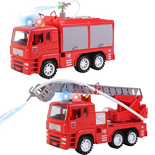 deAO Camion dei Pompieri e Camion con Scala di Soccorso Set di 2 Camion Modello in Scala 1:16 con Luci e Suoni, Movimento per Attrito