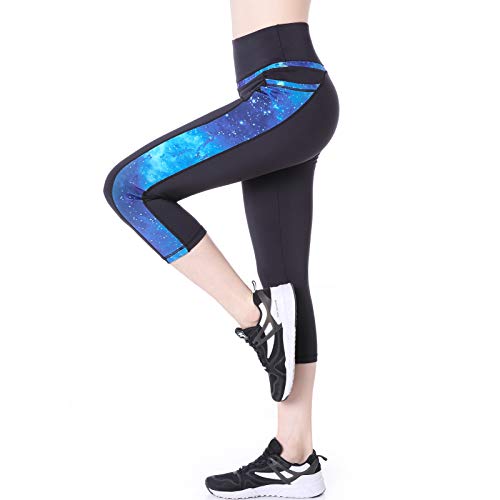Eono by Amazon - Capri Leggings da Donna Yoga Pantaloni Vita Alta con Tasche(Blu Stellato,S)