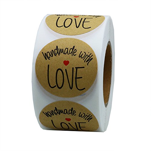 Hybsk (TM) 3,8 cm inch Round Natural Kraft realizzato a mano con amore Adesivi con font nero totale 500 etichette adesive per rotolo 1 Roll