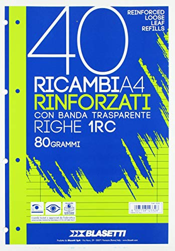 Blasetti 2332 40 Ricambi Rinforzati con banda transparente, A4, Righe 1RC, 40 fogli da 80 gr
