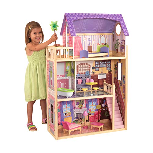 KidKraft 65092 Casa legno Kayla per bambole di 30cm con 10 accessori inclusi e 3 livelli di gioco, Multicolore