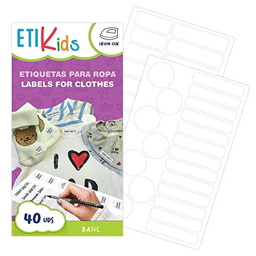 ETIKIDS , 40 Etichette termoadesive bianche, da STIRARE , in 4 formati diversi per contrassegnare indumenti, vestiti dei bambini a scuola ed asilo. (BASIC)