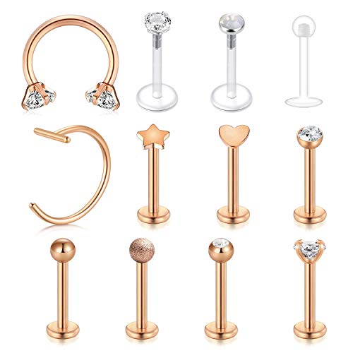 Piercing Orecchio Trago Acciaio inossidabile & Bioflex Piercing Naso Labbro Septum Labret Medusa Piercing Helix Piercing Orecchio Stud 16G - Oro rosa