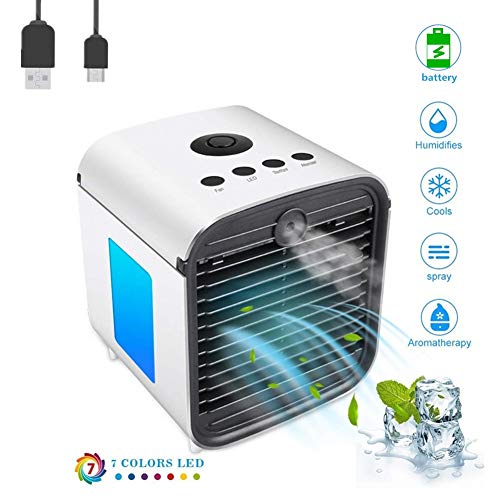Air Cooler Portable Condizionatore Silenzioso Raffreddatore d'Aria Evaporativo Umidificatore Purificatore D'aria,7 Colore LED|USB Cooler per Casa Ufficio Camper (bianco)