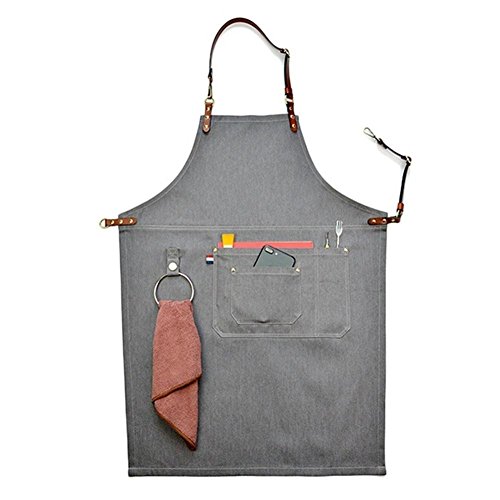 big-sized grembiule da lavoro elegante durevole denim caffè/chef/grembiule da lavoro, tasche e portapenne, vita regolabile Fascette da collo in pelle & Tool grembiuli per donne uomini hsw053-b