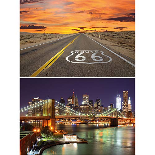 GREAT ART Set di 2 Poster XXL – Motivi USA Route 66 & Brooklyn Bridge di Notte – Nord America Immagini Murali Decorazione da Parete Foto Poster (140 x 100cm)