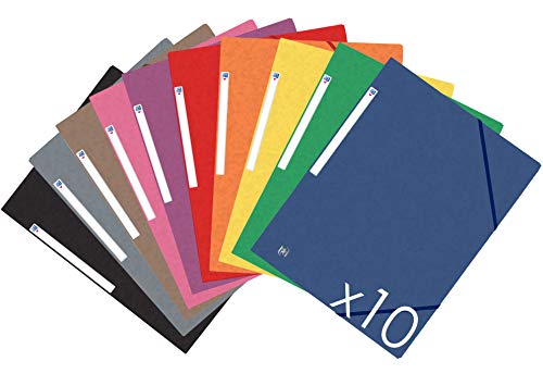 Oxford TopFile+ - Lotto di 10 cartelline in cartoncino, 3 alette, formato A4, chiusura con elastico, 10 colori assortiti