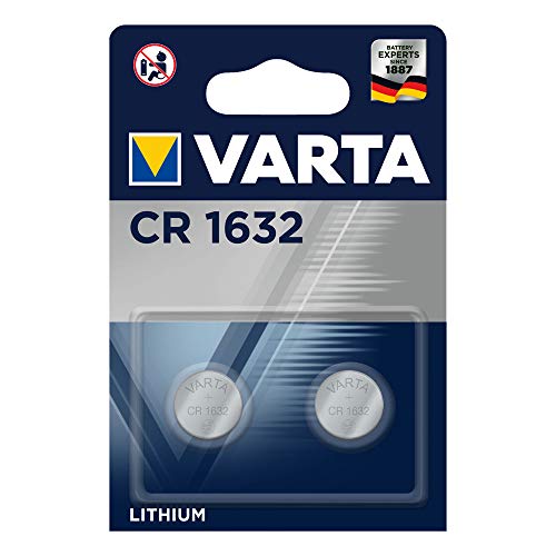 VARTA CR 1632, 6632101402, Batteria Litio a Bottone, Piatta, Specialistica, 3 Volts, Diametro 16mm, Altezza 3,2mm, confezione 2 pile