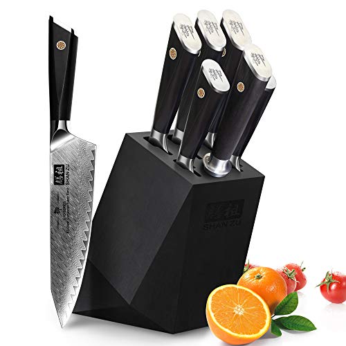 SHAN ZU Set Coltelli, Set Coltelli da Cucina Damasco in Acciaio AUS10 Giapponese, Maniglia G10, Ceppo Coltelli Chef in Legno di Acacia con 6 scomparti per 5 coltelli da Cuoco e 1 Affilacoltelli, Nero