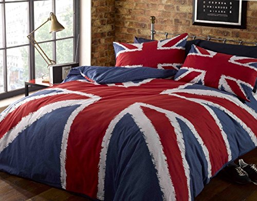 Rock’N Roll - Set copripiumone, Divertente Motivo Bandiera Regno Unito (Union Jack) Blu-Rosso-Bianco, Dimensioni King