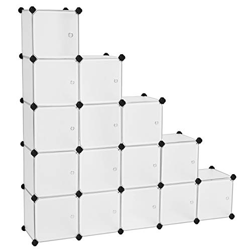 SONGMICS Scaffale Portaoggetti Modulare Fai da Te con 16 Cubi, Mobile in Plastica di qualità, Guardaroba a Scompartimenti, con Ante Bianche, Stabile e Facile da Montare LPC44BS