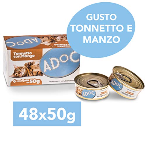 Adoc - Cibo Umido per Gatti Adulti con Ingredienti Naturali Tonnetto con Manzo - 48 lattine da 50gr