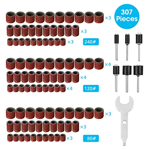 307Pcs Levigatura Cilindri Abrasiv，GOCHANGE 300Nastro abrasivo Sleeves+6Drum Mandrels+1Double Use Wrench per Dremel Rotary Tool