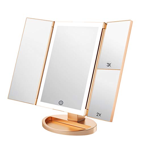 WEILY Specchio per Il Trucco con Luce a LED con Touchscreen Tri-Fold, ingrandimento 1x / 2X / 3X e Caricatore USB o Wireless, Supporto Regolabile a 180 ° per Lo Specchio cosmetico per Il Trucco