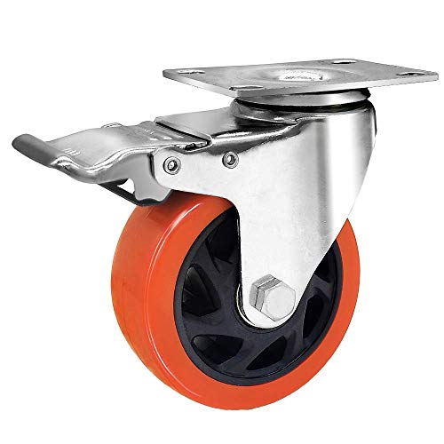 Ruote girevoli industriali da 10,2 cm, set di 4 ruote a piastra con freno in poliuretano con capacità di carico di 544,3 kg, colore: arancione