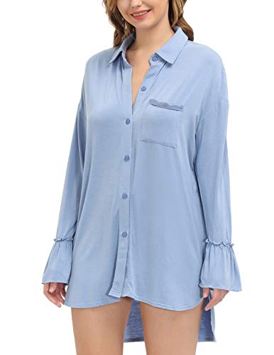 Zexxxy Camicie da Notte Donna Pigiama Manica Lunga con Bottoni Comodo Camicia Lunga Sera Blu