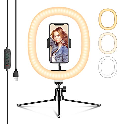 EIVOTOR Anello luminoso LED 10‘’con treppiede selfie 3 colori di luce 10 Livelli di Luminosità Anello da Tavolo con Supporto per Cellulare Luce dal vivo per Video Chat YouTube Volg Live Stream