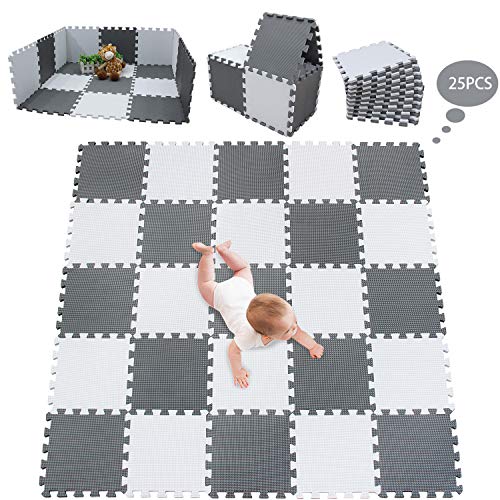 meiqicool Tappeto Puzzle Bambini Gioco, Bianco e Grigio,142 x 142cm,25 Pezzi Bianco-Grigio