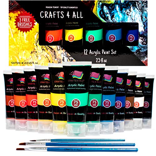 Crafts 4 All - Pittura acrilica professionale, set da colori acrilici XL (75 ml), kit per pittura su tela, legno, argilla, tessuto, unghie, ceramica e artigianato. Per studenti e professionisti