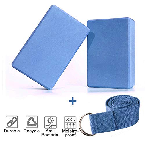 KidsHobby 2pcs Blocchi di Yoga + Cinghia di Yoga Qualità EVA Foma Comodi Blocchi Aziendali con Leggero, Vestito per Gli Amanti Dello Yoga, Pilates (Blu)