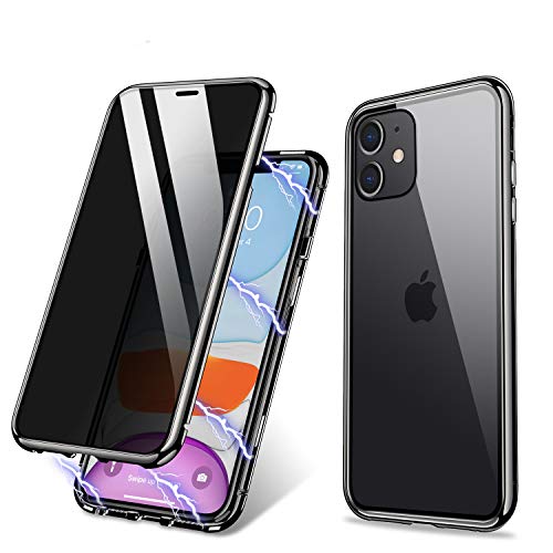 ZHIKE Custodia per iPhone 11, Custodia per adsorbimento Magnetico Anti-Peep Frontale e Posteriore in Vetro temperato Copertura a Schermo Intero Flip Privacy Cover per(Anti Spia-Nero Trasparente)